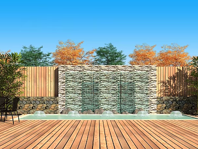 Outdoor Water Wall With Wooden Deck Pool Stone Accents And Trees With Green Orange Foliage 3d model