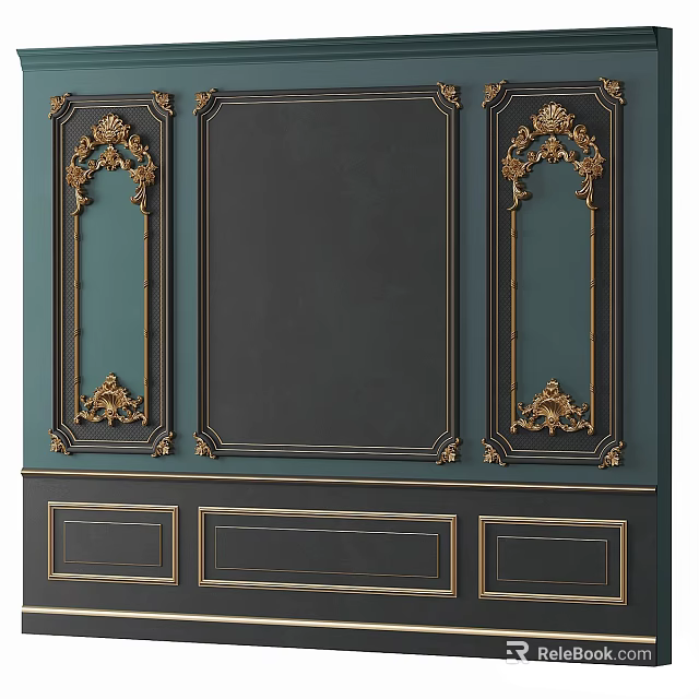 Elegant Dark Wall Paneling With Intricate Gold Carvings And Decorative Accents 3d model 