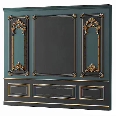 Elegant Dark Wall Paneling With Intricate Gold Carvings And Decorative Accents 3d model