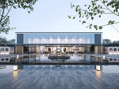 Modern Sales Office Building Featuring Large Glass Walls Reflective Pool And Surrounding Trees 3d model