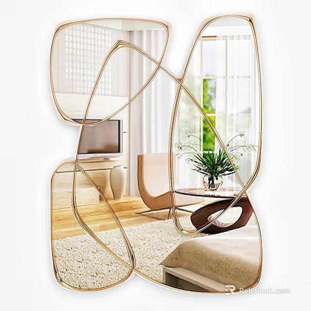 Artistic Gold Frame Mirror In Modern Living Room With Sofa Plant And TV 3d model 