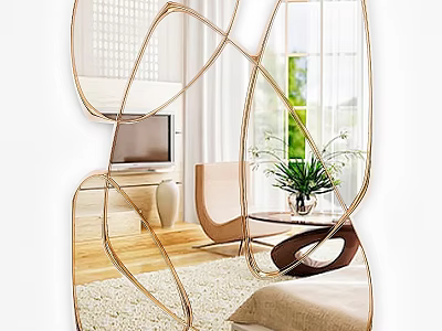 Artistic Gold Frame Mirror In Modern Living Room With Sofa Plant And TV 3d model