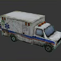 Worn Ambulance Vehicle With Blue Red Stripes Medical Emblem And Roof Warning Lights