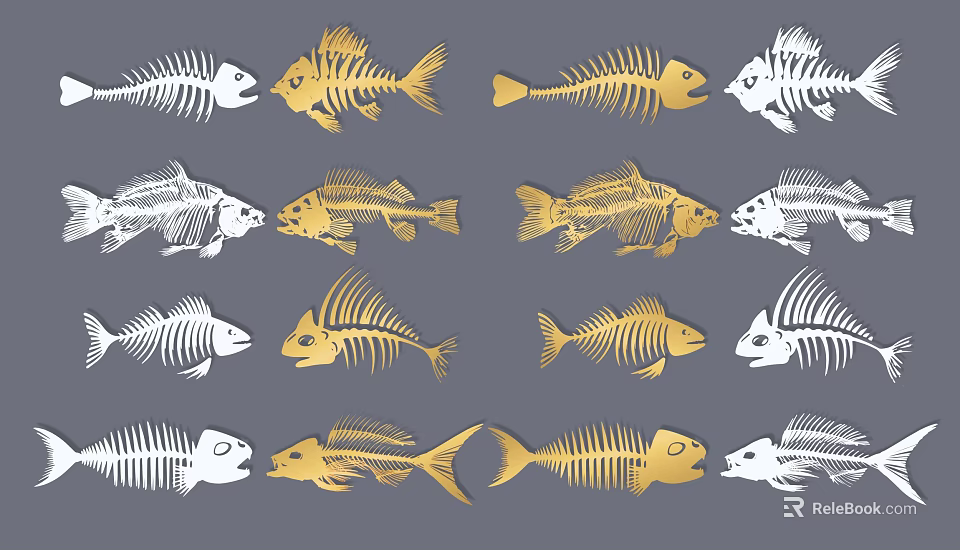 Golden And White Fish Skeletons Arranged In Pattern On Gray Background 3d model 