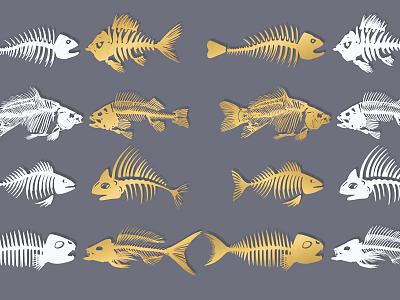 Golden And White Fish Skeletons Arranged In Pattern On Gray Background 3d model