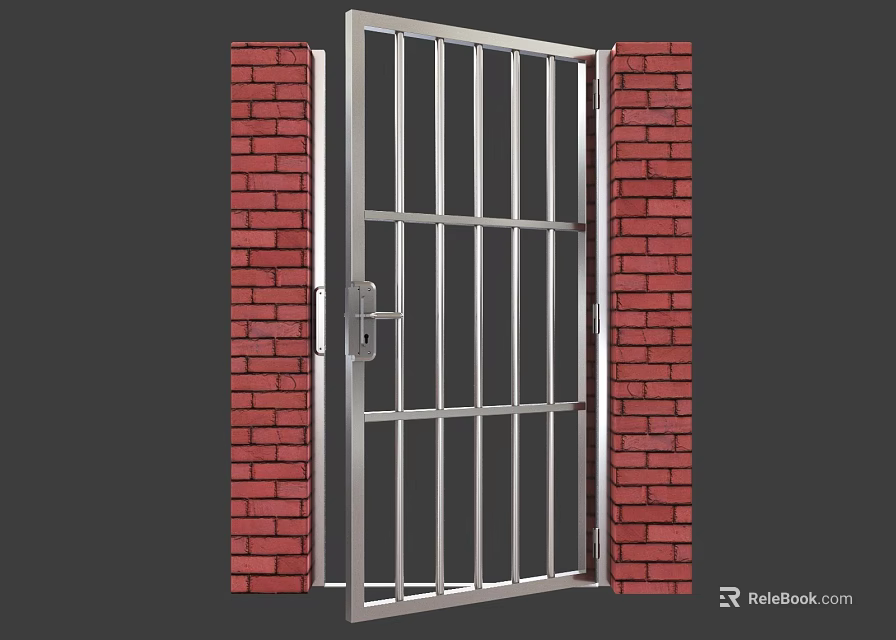Stainless Steel Swing Door With Grille Design And Red Brick Walls Exterior 3d model 