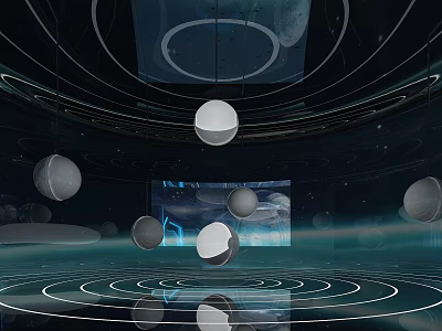 Futuristic Space Installation With Floating Spheres Circular Rings And Digital Backdrop 3d model