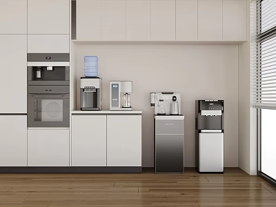 Modern Kitchen With Various Daily Electrical Appliances White Cabinets And Wooden Floor 3d model