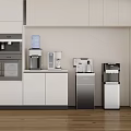 Modern Kitchen With Various Daily Electrical Appliances White Cabinets And Wooden Floor