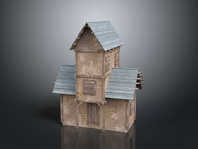 Rustic Two Story Wooden House With Blue Roof And Weathered Wood Exterior 3d model