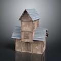 Rustic Two Story Wooden House With Blue Roof And Weathered Wood Exterior