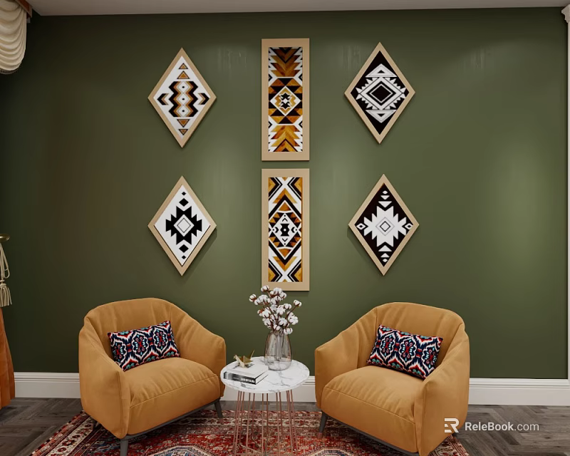 Abstract Paintings on Green Wall with Diamond Rectangular Shapes Geometric Patterns and Orange Armchairs 3d model
