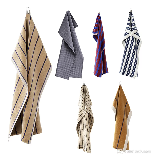 Various Colored Striped And Checkered Hanging Towels With Unique Designs 3d model 