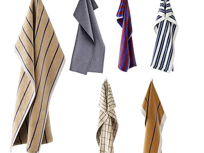 Various Colored Striped And Checkered Hanging Towels With Unique Designs 3d model