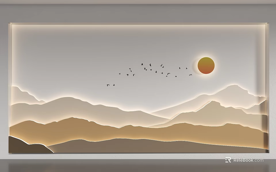 Modern Minimalist Background Wall With Mountain Silhouette Sunset And Flying Birds 3d model 