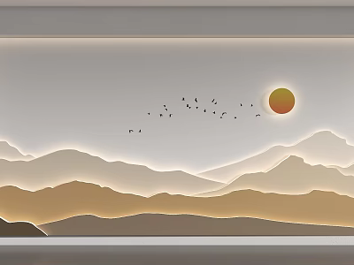 Modern Minimalist Background Wall With Mountain Silhouette Sunset And Flying Birds 3d model