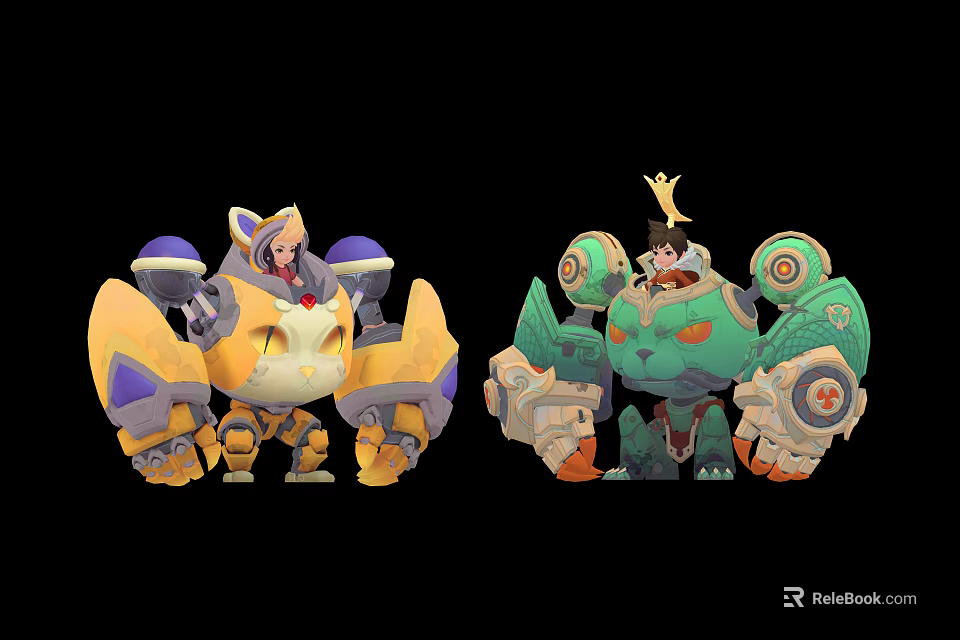 Colorful Animated Characters and Mechanical Creatures with Cat Ears Crown and Vibrant Mechanical Designs 3d model 