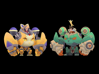 Colorful Animated Characters and Mechanical Creatures with Cat Ears Crown and Vibrant Mechanical Designs 3d model