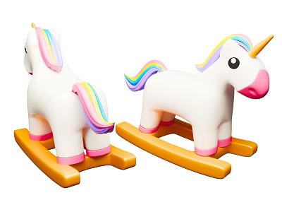 Colorful Unicorn Rocking Horses for Kids with Rainbow Mane Pink Nose and Yellow Base 3d model