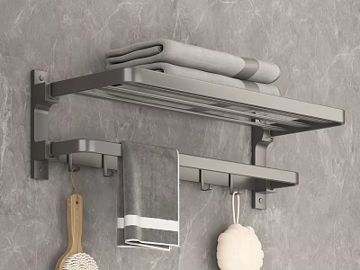 Wall Mounted Bathroom Shelf on Gray Wall with Folded Hanging Towel Wooden Brush White Sponge 3d model