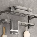 Wall Mounted Bathroom Shelf on Gray Wall with Folded Hanging Towel Wooden Brush White Sponge