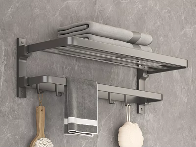 Wall Mounted Bathroom Shelf on Gray Wall with Folded Hanging Towel Wooden Brush White Sponge 3d model