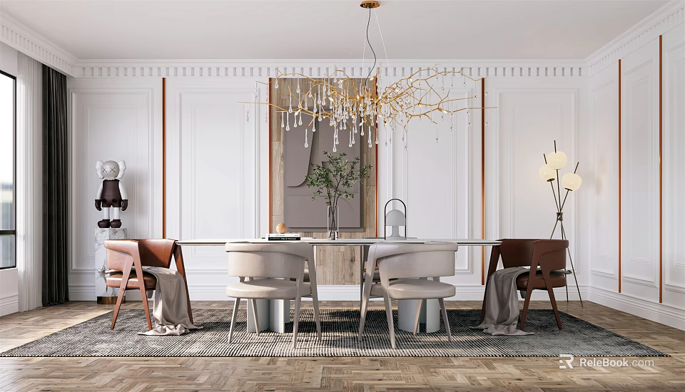 Elegant Modern Dining Room Interior Design With Chandelier Dining Table Chairs And Vase With Flowers 3d model 