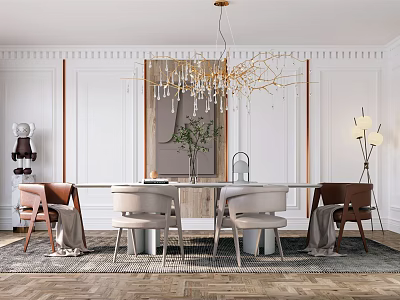 Elegant Modern Dining Room Interior Design With Chandelier Dining Table Chairs And Vase With Flowers 3d model