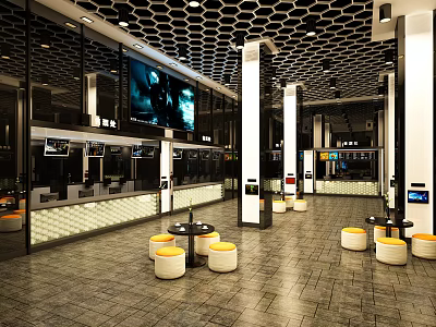 Shopping Mall Lobby Interior With Hexagonal Ceiling Large Screen TV White Pillars And Yellow Stools 3d model