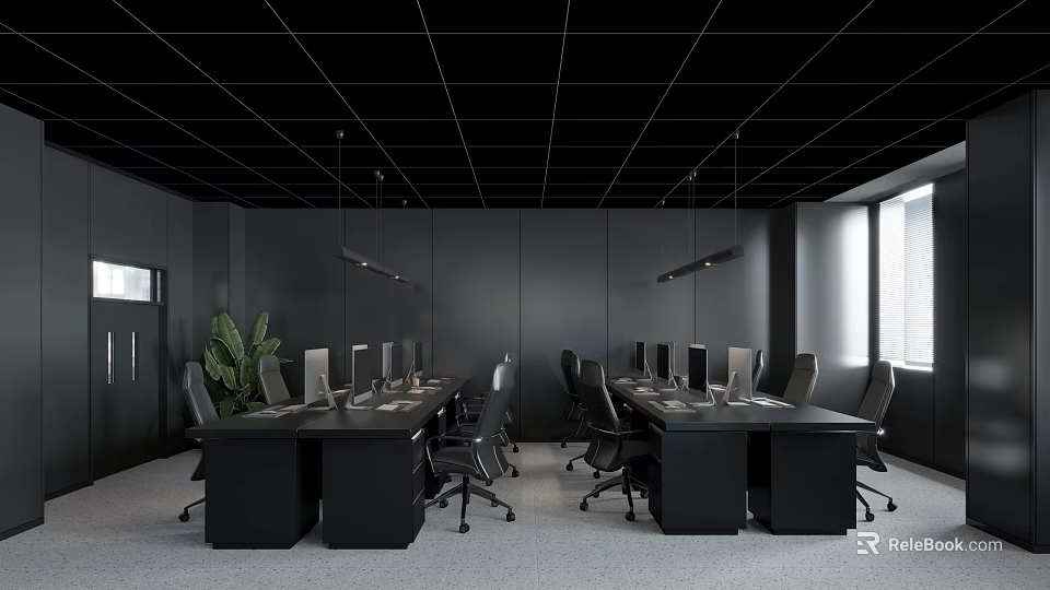 Modern Public Office Space With Black Desks Monitors Ergonomic Chairs Natural Lighting And Green Plant 3d model 