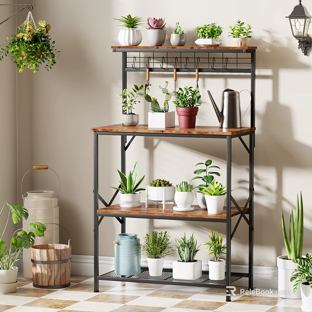 Multi tiered Metal Frame Wooden Shelf with Various Potted Plants and Watering Can 3d model 