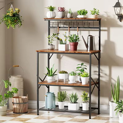 Multi tiered Metal Frame Wooden Shelf with Various Potted Plants and Watering Can 3d model