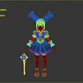 3D Character and Creature with Twin Ponytails Pink Black Hair Black Pink Dress Holding Staff