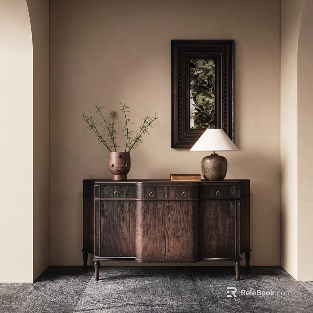 Rustic Entryway Console Table With Decorative Mirror Table Lamp And Potted Plant On Wooden Cabinet 3d model 