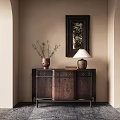 Rustic Entryway Console Table With Decorative Mirror Table Lamp And Potted Plant On Wooden Cabinet