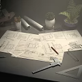 Creative Desk With Technical Drawings Pencils Tape Measure Drawing Triangles And Small Potted Plant