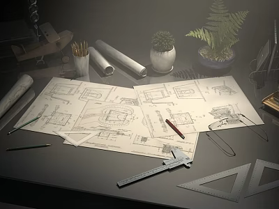 Creative Desk With Technical Drawings Pencils Tape Measure Drawing Triangles And Small Potted Plant 3d model