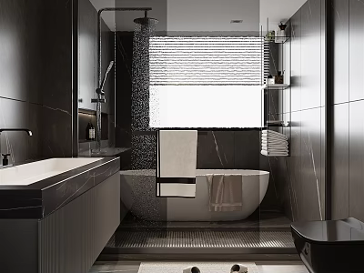 Modern Dark Bathroom Interior Design With Freestanding Bathtub Roller Blind And Vanity 3d model