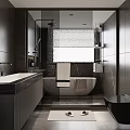 Modern Dark Bathroom Interior Design With Freestanding Bathtub Roller Blind And Vanity