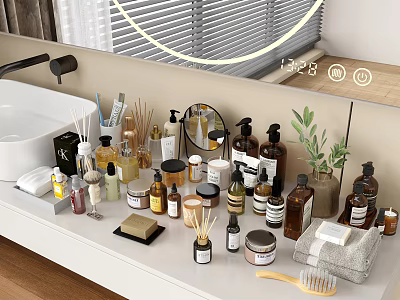 Essential Daily Use Cleaning Products On Bathroom Counter With Soap Bottles Towels Brushes And Diffusers 3d model