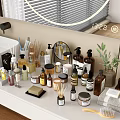 Essential Daily Use Cleaning Products On Bathroom Counter With Soap Bottles Towels Brushes And Diffusers