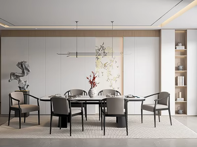 Modern Restaurant Interior With Round Dining Table Grey Chairs Hanging Lights And Decorative Wall Art 3d model