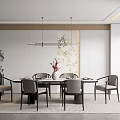 Modern Restaurant Interior With Round Dining Table Grey Chairs Hanging Lights And Decorative Wall Art