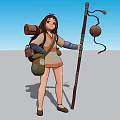 Traditional Outfit Game and Movie Female Character Carrying Scroll Pouch Holding Staff With Lantern