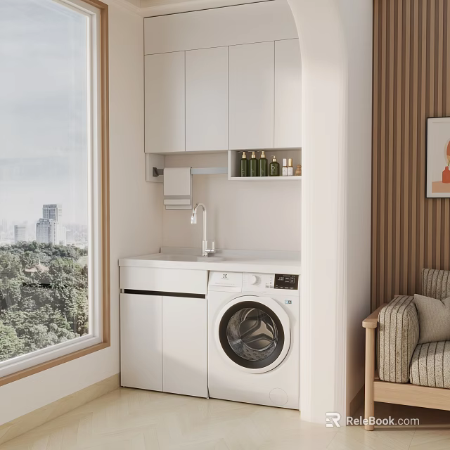 Cozy Home Balcony Design with White Cabinets Washing Machine and City View Window 3d model 
