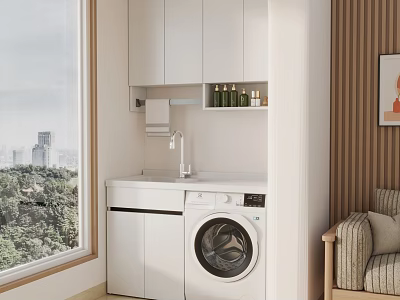 Cozy Home Balcony Design with White Cabinets Washing Machine and City View Window 3d model