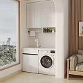 Cozy Home Balcony Design with White Cabinets Washing Machine and City View Window