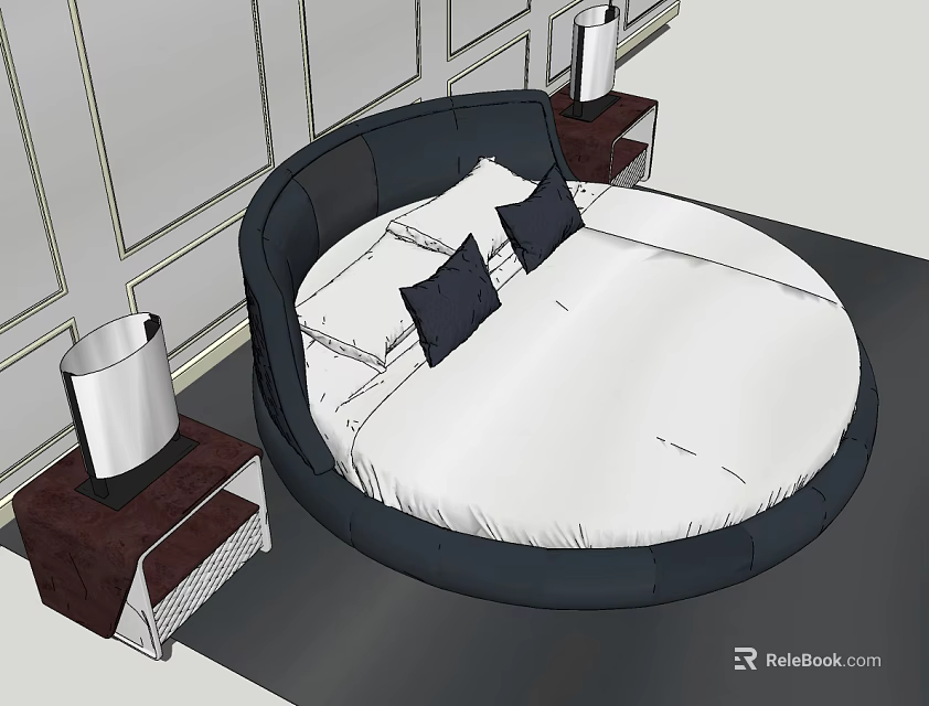 Round Bed Design With Black Frame White Mattress Black Pillows And Nightstands With Table Lamps 3d model 