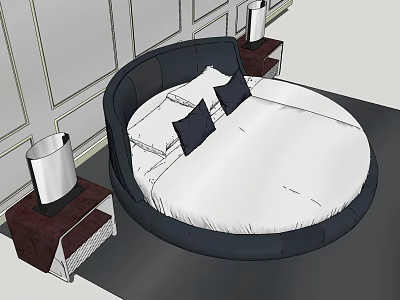 Round Bed Design With Black Frame White Mattress Black Pillows And Nightstands With Table Lamps 3d model