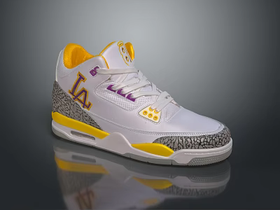 White Basketball Shoes With Yellow Purple Accents LA Logo And Elephant Print Design 3d model
